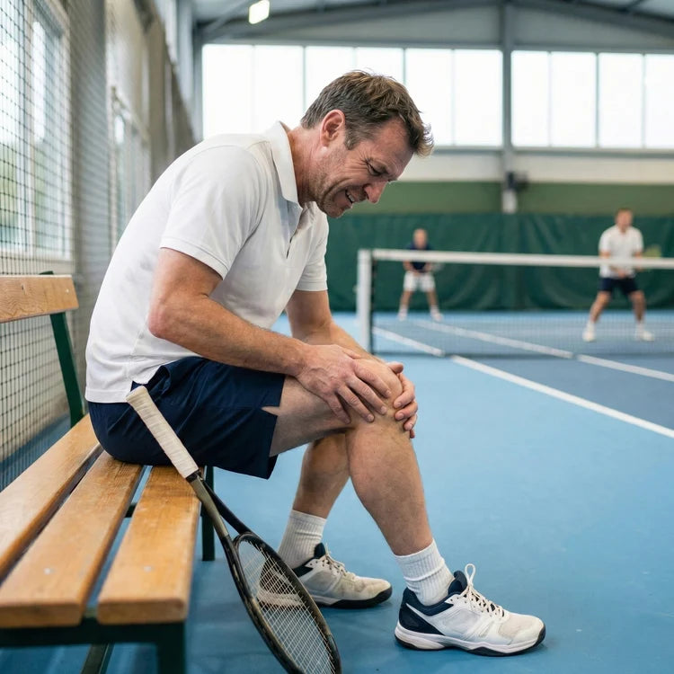 Tennis player pausing beside the court